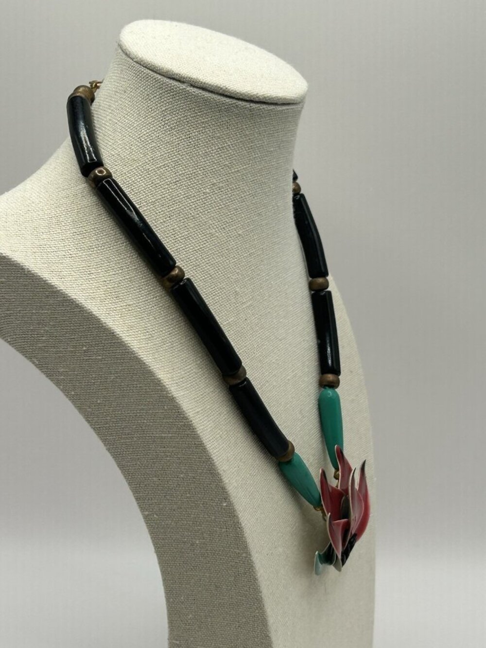 Lotus Flower Necklace Enamel Metal Pendant Tube Beaded Vintage Floral Retro 17” - Picture 10 of 16